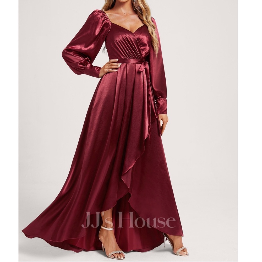 NWT JJ's House Maxi Dress Women 16 Burgundy New‎ Satin Maxi Puff Sleeve Formal